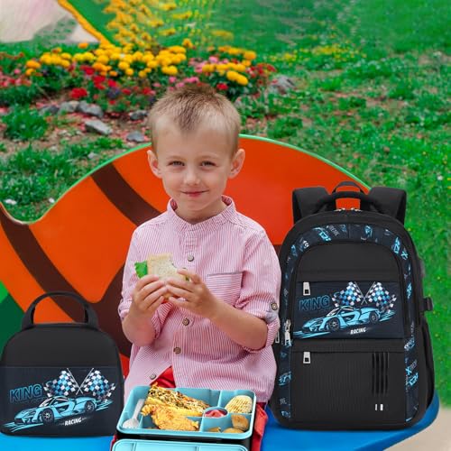 ACESAK Boys Backpack - Racing Car Bento Box with Insulated Lunch Bag Pencil Case & Utensils Set for Kids, 6 Leakproof Compartments Removable Tray Lunches or Snack Container - color: Blue Car