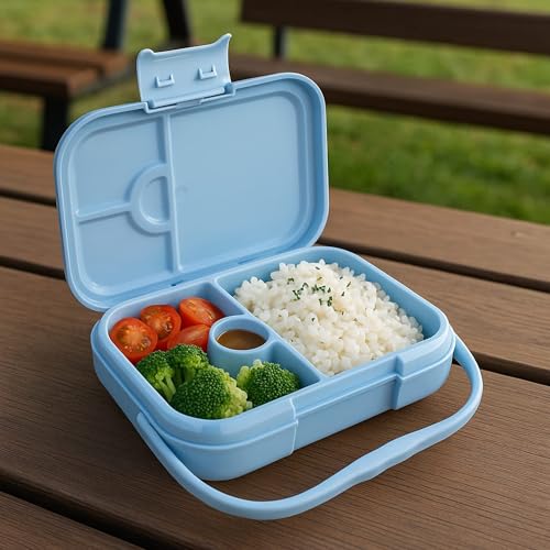 Bento Midi Lunch Box with carrying handle – 4 No-Mix Compartments | Microwave & Dishwasher Safe,Removable Tray | 900ML OZ (Blue Dark Ice) - color: Blue Dark Ice