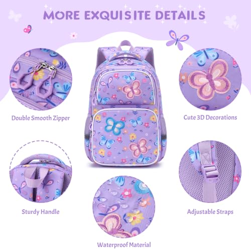 Kids Backpack for Girls 4-8, Cute 3D Embroidered Butterfly Toddler Backpack with 34oz Lunch Box, Insulated Bag, Pen Case & Utensils, School Bookbag for Preschool Kindergarten Elementary - color: Butterfly