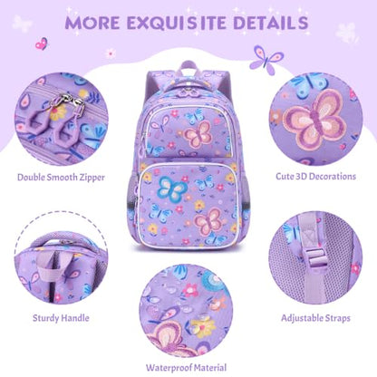 Kids Backpack for Girls 4-8, Cute 3D Embroidered Butterfly Toddler Backpack with 34oz Lunch Box, Insulated Bag, Pen Case & Utensils, School Bookbag for Preschool Kindergarten Elementary - color: Butterfly