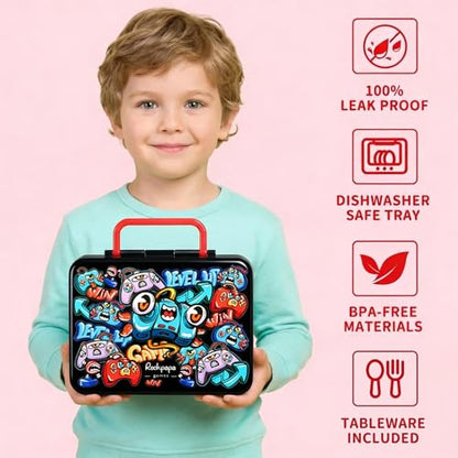 rockpapa Chill Bento Box for Kids- Large 5.5 Cups Lunch Box with Ice Pack - 5 Compartments, BPA-Free, Leak Proof, with Utensils & Portable Handle, Microwave/Dishwasher Safe (Black Games) - color: Black Games
