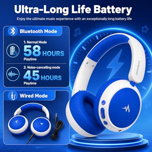 Kids Wireless Headphones with Active Noise Cancelling, 58H Playtime, Bluetooth 6.0, Safe Volume, Foldable Over-Ear Wireless Headset with 3.5mm Wired Option for iPad/Tablet,School,Travel - color: Blue