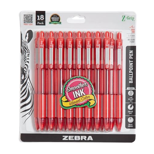 Zebra Pen Z-Grip Retractable Ballpoint Pen, Red Ink, 1.0mm, 18-Pack | Smooth Writing, Medium Point Tip, Ideal for Planners, Note-Taking, School and Office Supplies, and Everyday Writing (22318) - color: Red C
