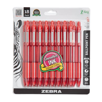 Zebra Pen Z-Grip Retractable Ballpoint Pen, Red Ink, 1.0mm, 18-Pack | Smooth Writing, Medium Point Tip, Ideal for Planners, Note-Taking, School and Office Supplies, and Everyday Writing (22318) - color: Red C