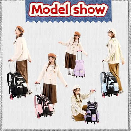 Rolling Backpack for Girls Kids Backpack with Wheels Cute Girls Trolley Bags Rolling School Bag for Elementary Middle - color: Black+purple 6 Wheels