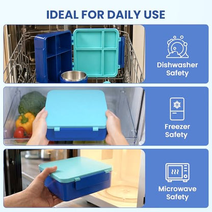 LOHASOK Bento Lunch Box Kids with 8oz Soup Thermo, Leak-Proof Lunch Containers with 4 Compartment, Thermo Hot Food Jar and Insulated Lunch Box for School Blue - color: Blue