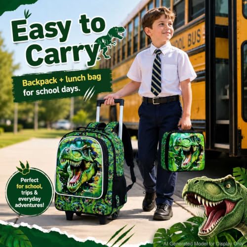 3Pcs Dinosaur Rolling Backpack for Boys, 18" Kids School Backpacks with Wheels, Roller Bookbag with Lunch Box for Preschool Toddler Elementary(Green)