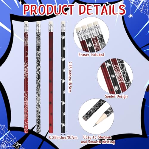 Teling 48 Pcs Spider Pencils Theme Party Favors Fun Spider Web Pencils in Bulk with Eraser Wooden Number 2 Graphite Stationery Kits for Students Back to School Classroom Birthday Supplies - style: Spider Theme