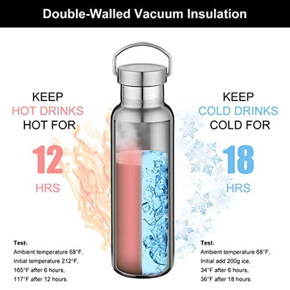 Neihepal Silver Stainless Steel Water Bottles,20 Ounce Vacuum Insulated Double Wall Travel Bottle with Leak Proof Lid of Handle,Metal Reusable Standard Mouth Flask Thermoses for School,Hikers,Gift - color: Silver