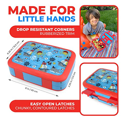 kinsho Bento Lunch Box for Kids Toddlers Boys, 5 Portion Sections Secure Lid, Microwave Safe BPA Free Removable Tray, Pre-School Kid Daycare Lunches Snack Container Ages 3 to 5, Blue Pirates - color: Blue Pirate Bento