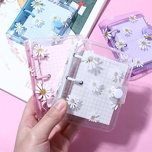 Leadigol 4PCS Mini Transparent 3 Ring Binder Covers with Inner Paper, Daisy Pattern, Soft PVC Notebook Loose Leaf Binder