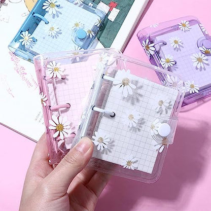 Leadigol 4PCS Mini Transparent 3 Ring Binder Covers with Inner Paper, Daisy Pattern, Soft PVC Notebook Loose Leaf Binder
