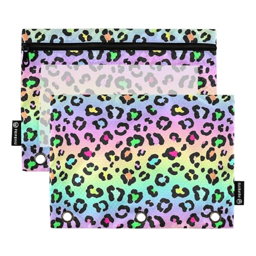 Gredecor Binder Pencil Pouch 3 Ring Neon Gradient Leopard Spots Zipper Pencil Pouches Case 2 Pack Clear Binder Organizer for School Office - color: Gradient Leopard