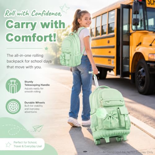 HPJGD 3PCS Girls Rolling School Backpack, Green Bow Tie Wheeled Backpacks, Water-Resistant Roller Bookbag Set - color: Green Bowknot Rolling Backpack Set