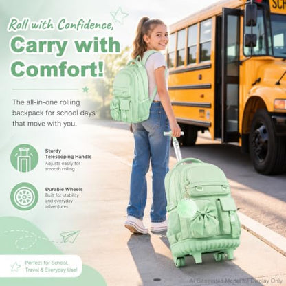 HPJGD 3PCS Girls Rolling School Backpack, Green Bow Tie Wheeled Backpacks, Water-Resistant Roller Bookbag Set - color: Green Bowknot Rolling Backpack Set