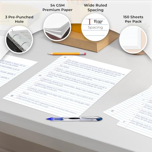 Rosmonde Loose Leaf Paper Bulk, 6750 Sheets, Wide Ruled Sheets, Bulk Notebook Paper, 8" x 10.5", Loose Leaf Papers, 3 Hole Punched for Standard Binders, 45 Pack, 150 Sheets/Pack, Filler-Paper, White - color: Wide Ruled, size: 45 Pack (6750 Sheets)