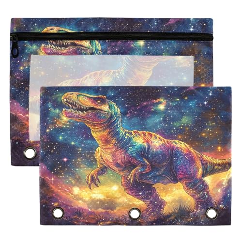 Galaxy T. Rex Binder Pouches 3 Ring for Boys Girls School Office College Supplies Anime Dinosaur Tyrannosaurus Dragon Pencil Pouches Case Bag with Clear Window and Zipper 2 Pack - color: T. Rex