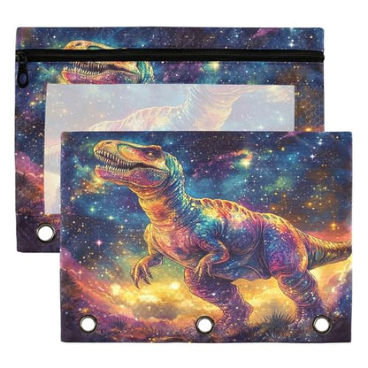 Galaxy T. Rex Binder Pouches 3 Ring for Boys Girls School Office College Supplies Anime Dinosaur Tyrannosaurus Dragon Pencil Pouches Case Bag with Clear Window and Zipper 2 Pack - color: T. Rex
