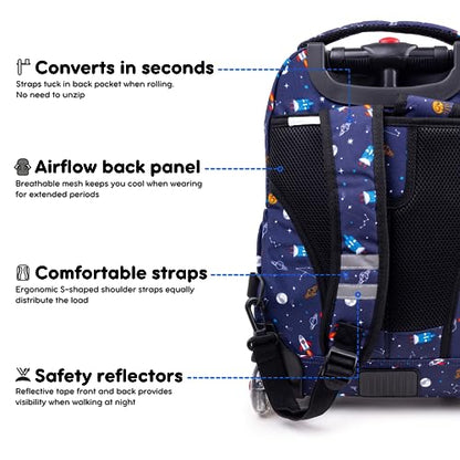 J World Lollipop Kids Rolling Backpack & Lunch Bag Set for Elementary School. Carry-On Suitcase with Wheels, Spaceship - color: Multicolor