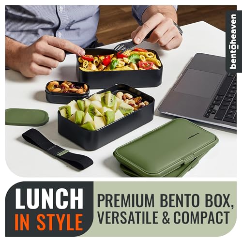 Bentoheaven Bento Box Adult, Stackable Lunch Box, 40 oz, Olive Garden | BPA-free, leakproof and microwave-safe with 2 compartments, utensils, chopsticks, divider and sauce cup for men and women. - color: Olive Garden