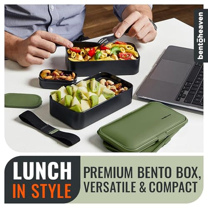 Bentoheaven Bento Box Adult, Stackable Lunch Box, 40 oz, Olive Garden | BPA-free, leakproof and microwave-safe with 2 compartments, utensils, chopsticks, divider and sauce cup for men and women. - color: Olive Garden