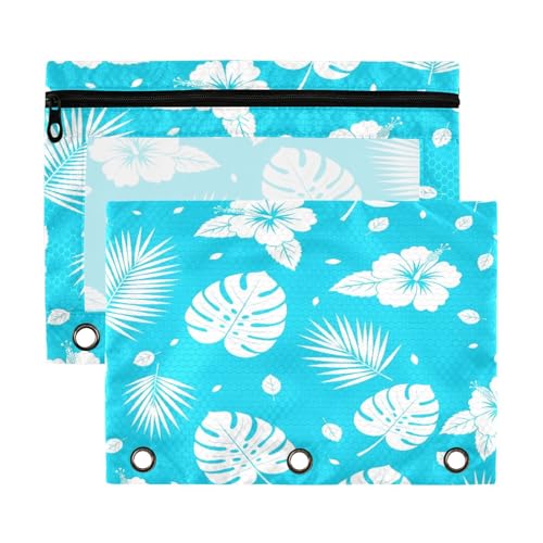 Blueangle Tropical Leaf Pencil Pouch for 3 Ring Binder, 2 Pack Clear Window Zipper Pencil Bags for Office