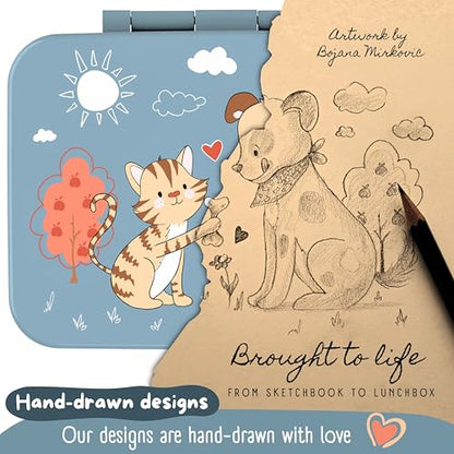 BEARFOOT Kids Lunch Box with Compartments – Compact & Lightweight | Leak-Proof, BPA-Free, Dishwasher Safe | Hand-Drawn Design for Preschool, School, Travel (Dog & Cat Blue, 4 Cups) | BPA Free Leakproof Lunch Box with Compartments School & Nursery for Girl