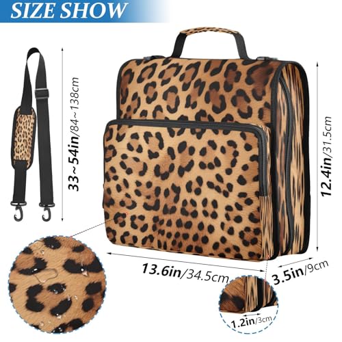Leopard Print Waterproof Zipper Binder with Shoulder Strap, 3-Ring Trapper Keeper with Lay-Flat Design and Multiple Compartments for School & Office, Adults & Kids