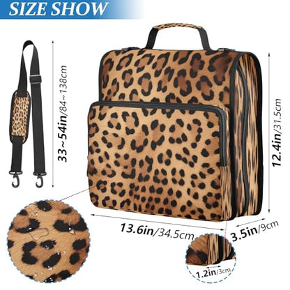 Leopard Print Waterproof Zipper Binder with Shoulder Strap, 3-Ring Trapper Keeper with Lay-Flat Design and Multiple Compartments for School & Office, Adults & Kids