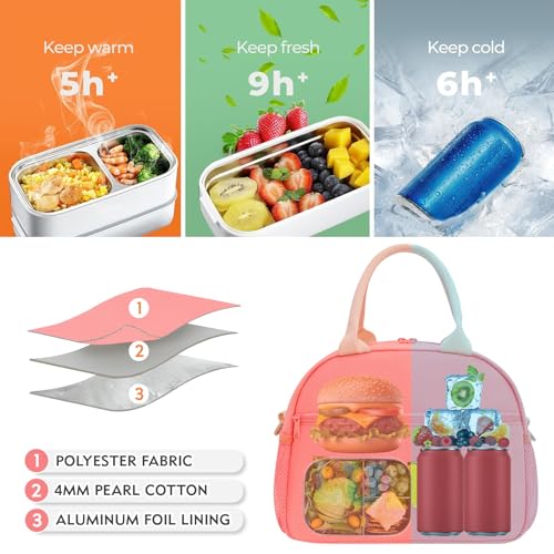 Lunch Bag for Girls and Women, Cute Preppy Lunch Bag with Chenille Letters, Insulated Large Capacity Lunch Tote with Detachable Strap for School, Work & Picnic, Pink - color: Pink