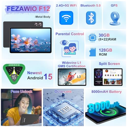Android 15 Tablet 30GB+128GB+1TB Expand, 2026 10.1 Inch Octa-Core 8000mAh Electronics Tablets with Keyboard Mouse, Gemini AI, 5G WiFi, 1280x800 IPS Touchscreen, GPS, BT5.0, Widevine L1 -Metal Black - color: Black
