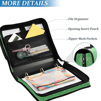 Zipper Binder Bag 3 Ring File Folder Portfolio Organizer Zippered Binder Bags with Strap Fits Laptop Women Men - color: Multi-green Golf Ball
