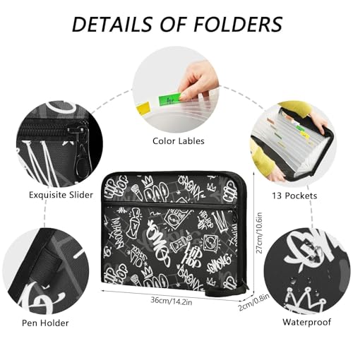 Hip-hop Graffiti Rap Music File Folders,Plastic Folders with 13 Pockets,Expandable File Folder for Documents School Students Office,Aesthetic Folder with Labels A4 Letter Size - color: Multi 21
