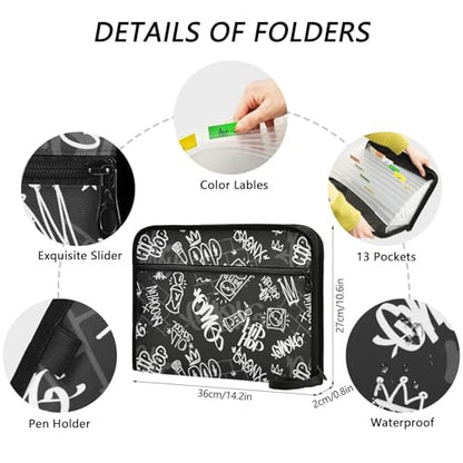 Hip-hop Graffiti Rap Music File Folders,Plastic Folders with 13 Pockets,Expandable File Folder for Documents School Students Office,Aesthetic Folder with Labels A4 Letter Size - color: Multi 21