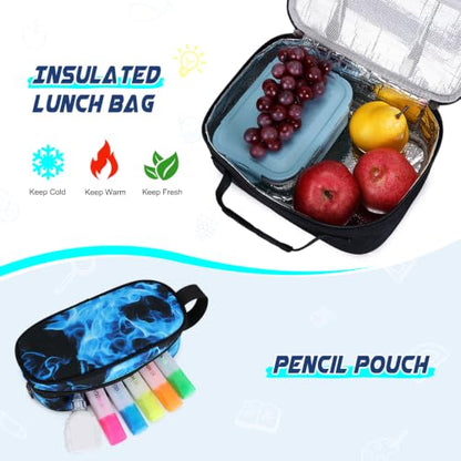 Scothen 3PCS Rolling Backpack for Boys, Cool Gamer Roller Backpack with Wheels, Kids Boy Wheeled Backpacks with Lunch Bag Pencil Case for Teens Bookbag Kindergarten Elementary Middle School - color: Blue Flame