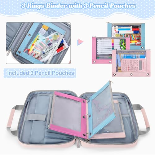 YARWO 2026 Upgraded Zipper Binder with 3 Pencil Pouches, 3 Ring Binder Bag | Small File Organizer, Multi Pockets, Padded Sleeve Fits 13” iPad, ID window, 1.2" O Ring, for School, Office, Work, Pink - color: Pink