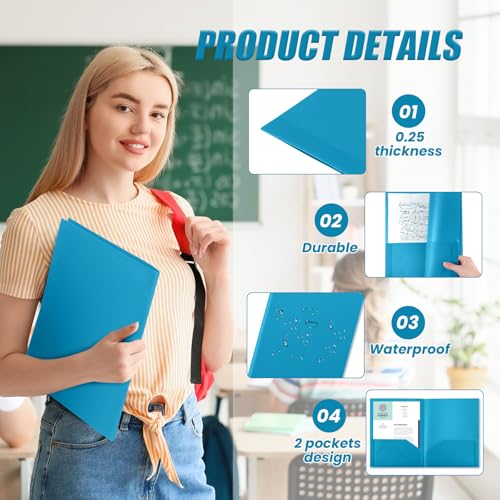 Gueevin 50 Pcs Plastic Folders with Two Pockets, Back to School Two Pocket Folder Fit Letter Size, Heavy Duty School Business Card Holder for Home Office Teachers(Sapphire Blue) - color: Sapphire Blue