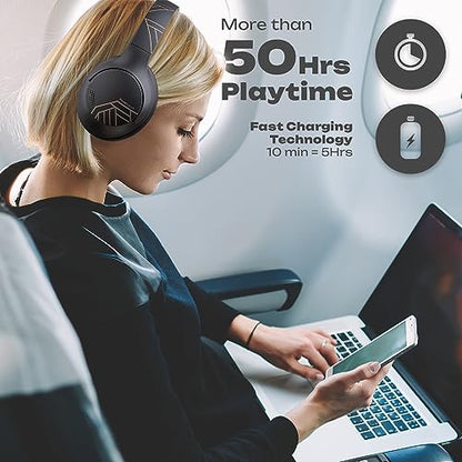 PowerLocus Bluetooth Headphones Over Ear, 50H Playtime with 4 EQ Modes Wireless Headphones with Microphone, HiFi Stereo Deep Bass, Soft Ear Cups, Foldable Lightweight Headset for Travel/Office/Workout - color: Black/Gold