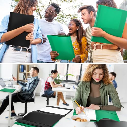 Cholemy 72 Packs Pocket Folders with Prongs Heavy Duty Plastic Folder with Business Card Slot 3 Prong Fasteners for School Office (Black,Green) - color: Black, Green