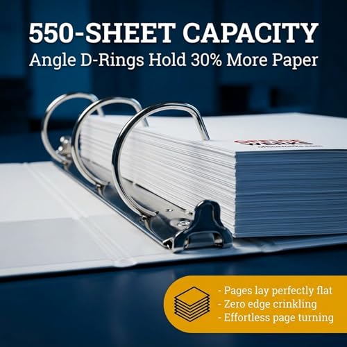 3 Ring Binder, 2.5" Professional Angle D-Rings, Presentation Folder for Standard Pages with Inside Pockets, Customizable Clear View White Binder (3.2" Spine)