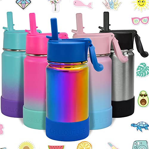 CHILLOUT LIFE 12oz Kids Insulated Stainless Steel Water Bottle with Leak Proof Straw Lid & 144 Stickers - color: Magic Rainbow, style: 12 oz