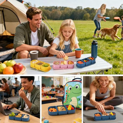 3 Pack Silicone Reusable Snack Containers with Lids - 3 Compartment Snackle Box for Kids & Adults, BPA-Free & Leakproof, Small for Dressing, Sauces, School, Office, Picnic（Blue, yellow, pink） - color: 3-Compartment (3-Pack)