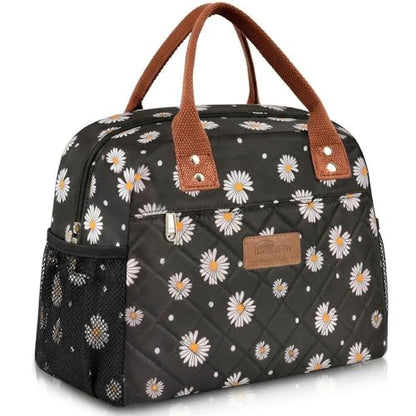 HOMESPON Insulated Lunch Bag for Women Men, Cooler Tote Box, Black Daisy | Front Pocket, Side Mesh Pockets, Reusable, for Work, Picnic, Food Container - color: Black Daisy
