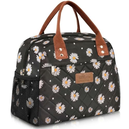 HOMESPON Insulated Lunch Bag for Women Men, Cooler Tote Box, Black Daisy | Front Pocket, Side Mesh Pockets, Reusable, for Work, Picnic, Food Container - color: Black Daisy