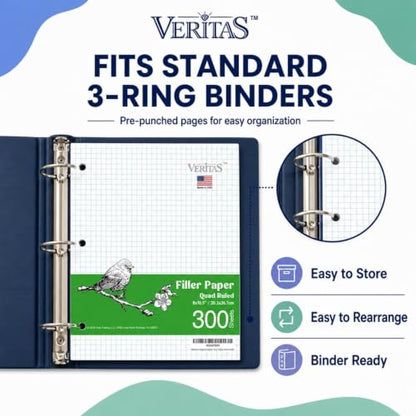 WritePads Graph Paper Loose Leaf Paper, 300 Sheets, 8 x 10.5 Inch 4x4 Quad Ruled Graphing Paper, 3 Hole Punched Filler Notebook Paper for 3 Ring Binders, 65 GSM, Made in USA - color: Graph Ruled Filler Paper, size: 3 Pack (300 Sheets)