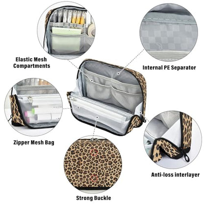 Brown Leopard Print Pencil Case Organizer, Large Capacity Stand-Up Pen Pouch with 3 Compartments, Foldable Makeup Bag for School Office Travel Supplies, 8.3 x 5.9 Inch - color: Leopard