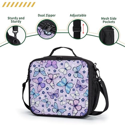 Purple Butterfly Lunch Box Colorful Butterflies Flowers Lunch Bag with Shoulder Strap for Kids Teens Durable Large Capacity Insulated Lunchbox Thermal Meal Bag for School Picnic - color: A-Purple Butterfly