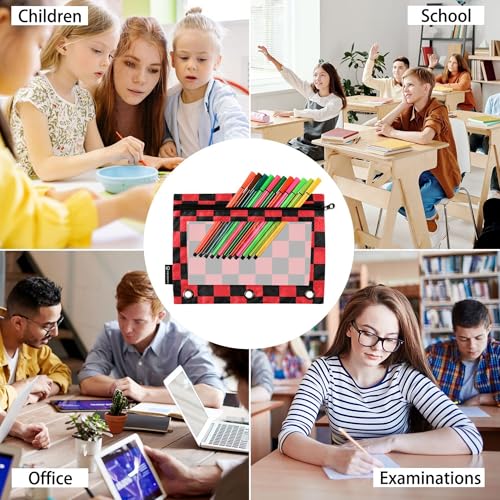 Crimson Chessboard Binder Pouches 3 Ring for Boys Girls School Office College Supplies DarkRed Buffalo Plaid Black Pencil Pouches Case Bag with Clear Window and Zipper 2 Pack - color: Crimson