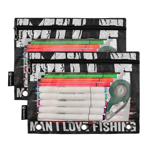 Man I Love Fishing Binder Pouches 3 Ring for Boys Girls School Office College Supplies Fishman USA America Flag Pencil Pouches Case Bag with Clear Window and Zipper 2 Pack - color: Fishing