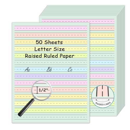 50 Sheets Handwriting Paper 8.5”x11” Double Side Colored Primary Writing Paper for Kids with ADHD 0.5” Tactile Writing Lines Spacing Multi-Sensory Ruled Handwriting Tablet Dysgraphia Pad for Children
